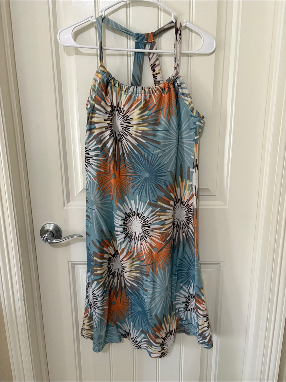Prana Teal Floral Sunburst Halter Dress with‎ Orange and White Accents